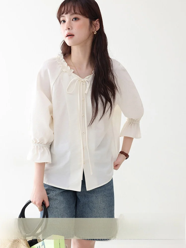 

AMUU Original V-Neck Button-Up Shirt Women's Summer New Style Seven-Sleeve Tie Waist Cotton Blend Breathable Casual Top