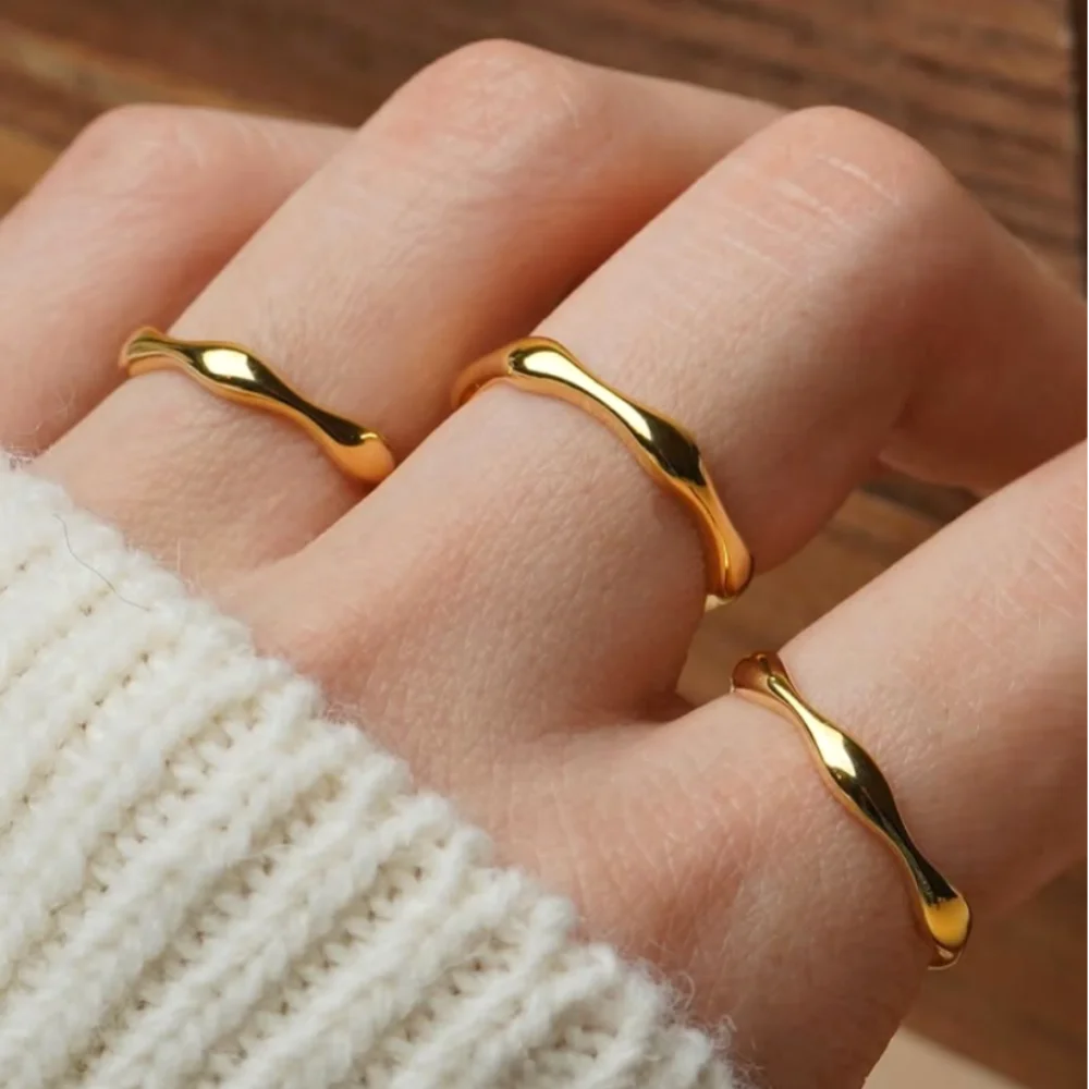 Women's Gold Color Chunky Ripple Band Stackable Ring Set