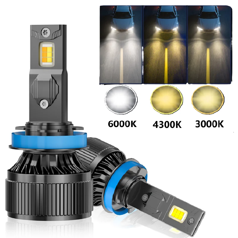 2PCS H7 Tri Color LED Headlights H1 H4 H8 H11 H9 HB3 9005 9006 9012 6000K 4300K 3000K For Car Headlights Lights