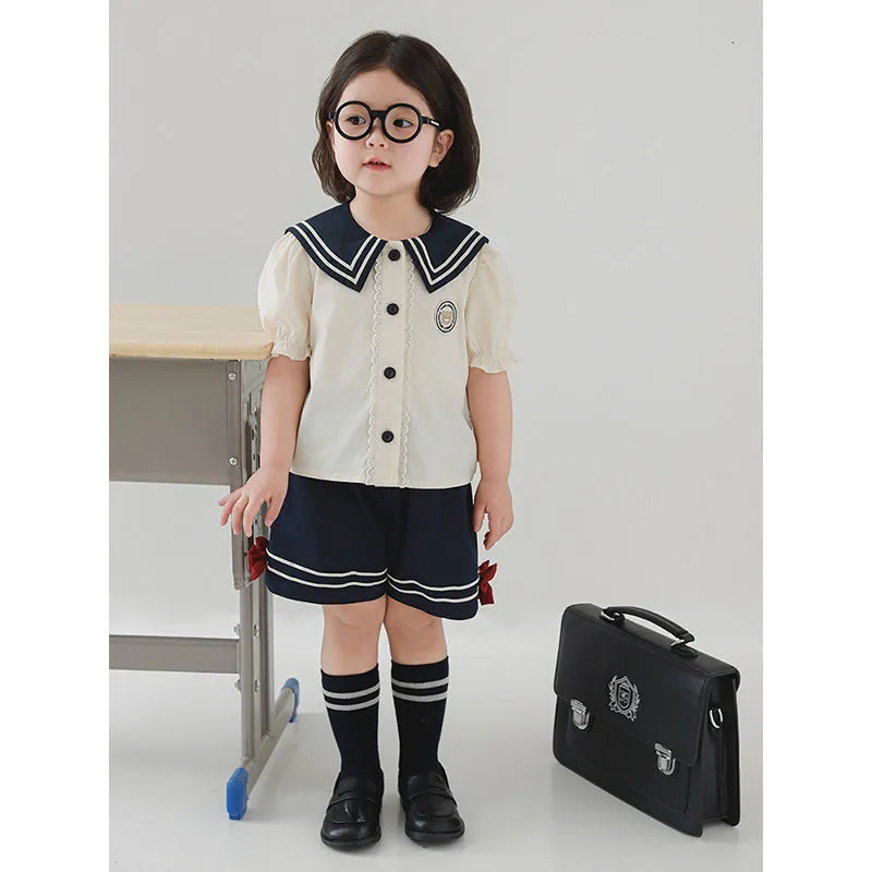 2024 Summer Preppy Style Contrast Color Girl Sets Navy Polo Neck Bubble Sleeves Top Fashion Girls Shorts Cute Two Piece Outfits