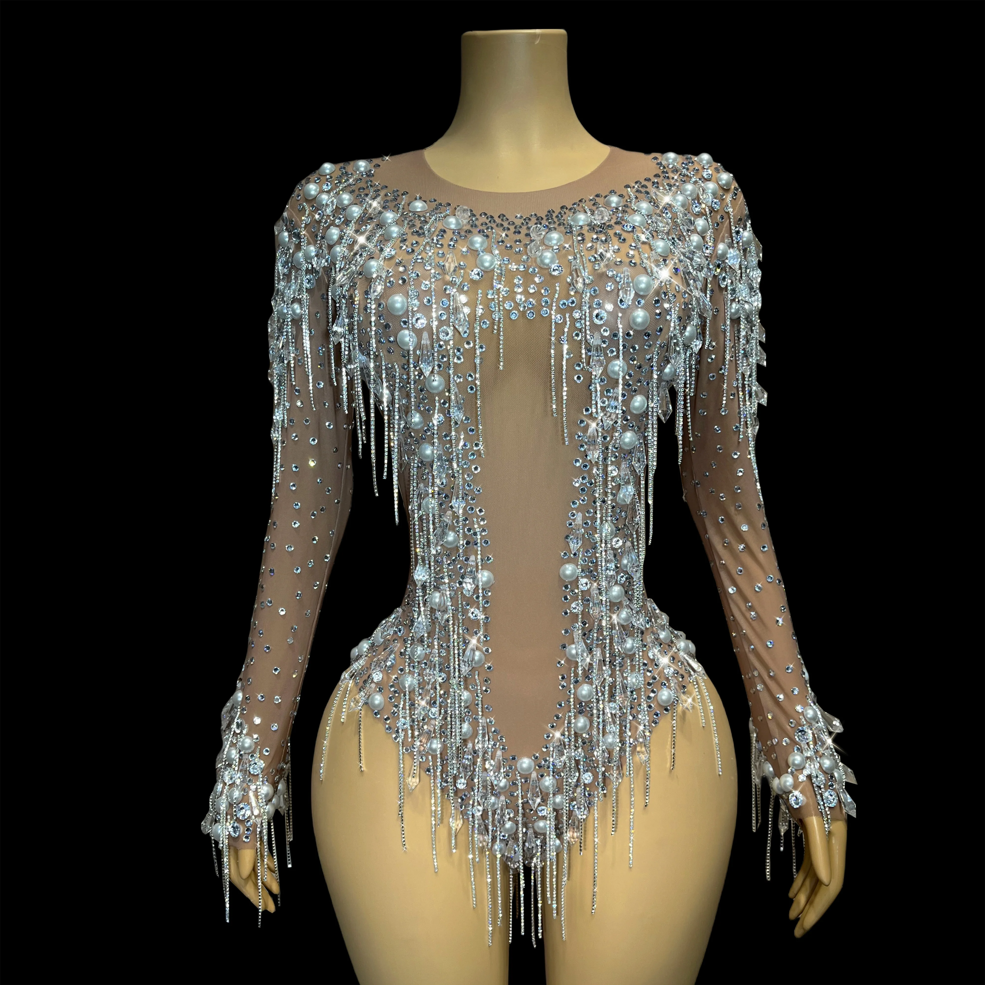 

Silver rhinestone pearl chain bodysuit evening dress birthday crystal long sleeve one-piece dress show sexy dress upshuijinglian