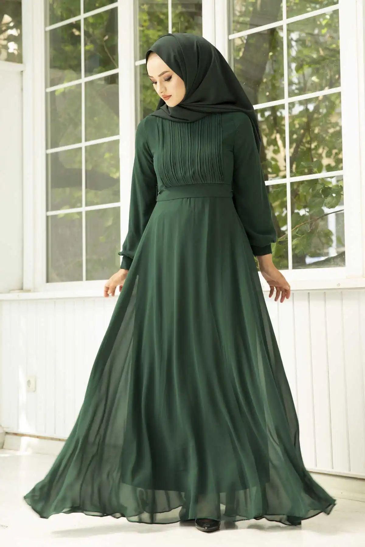 Drapeli Chiffon Hijab Evening Dress Emerald Winter Autumn 2021 Muslim Women Hijab headscarf Islamic Turkey