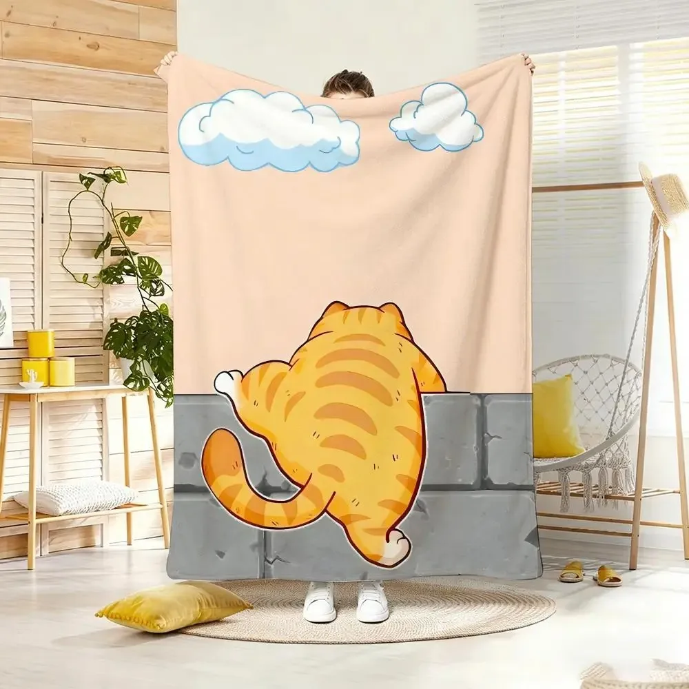 Cute F-Flat Cartoon Fat Cat Back View Throw Lightweight  Flannel Blanket Soft Skin-friendly for Summer Cooling