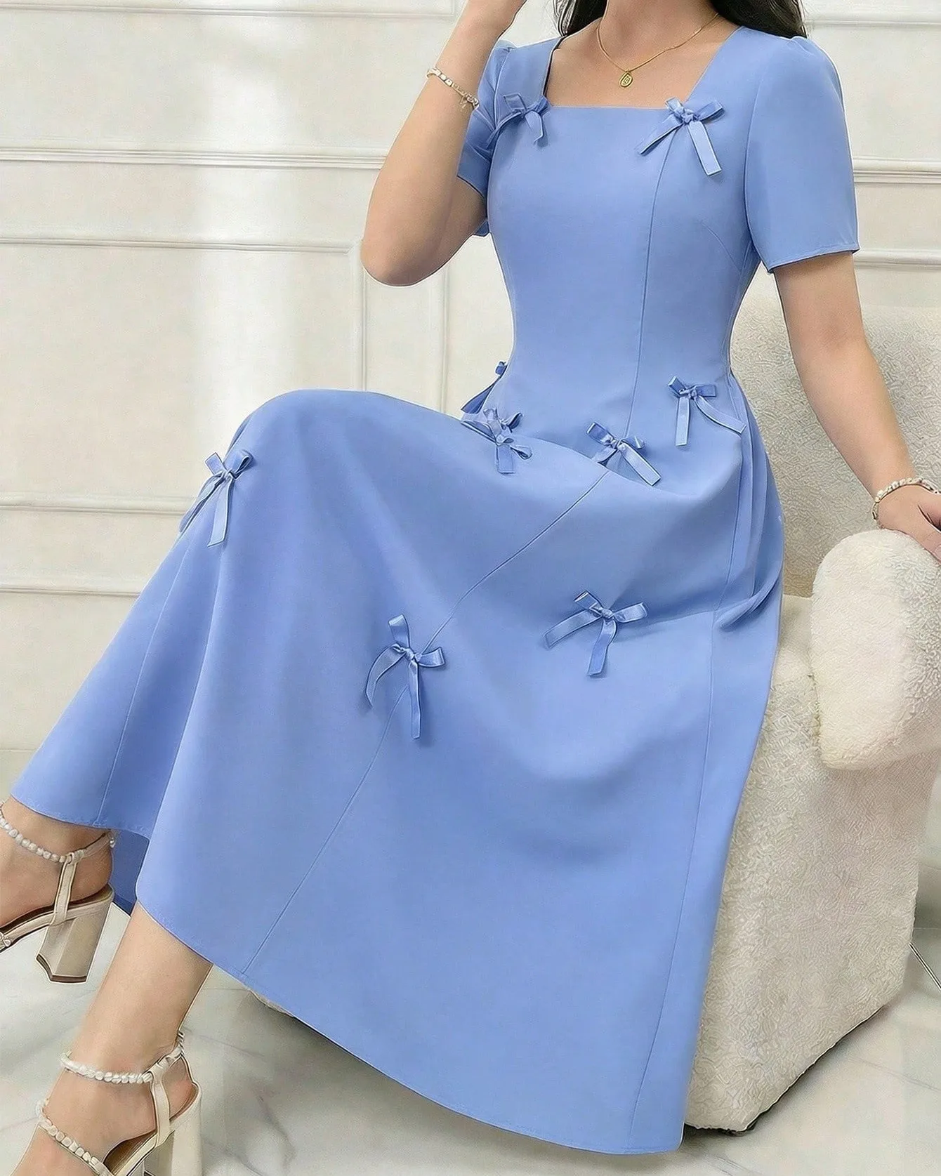 

Women's Jersey A-lien Ankle Length Party Dresses Square Neck Short Neck Prom Gowns Customized Fashion Bow Evening Dress