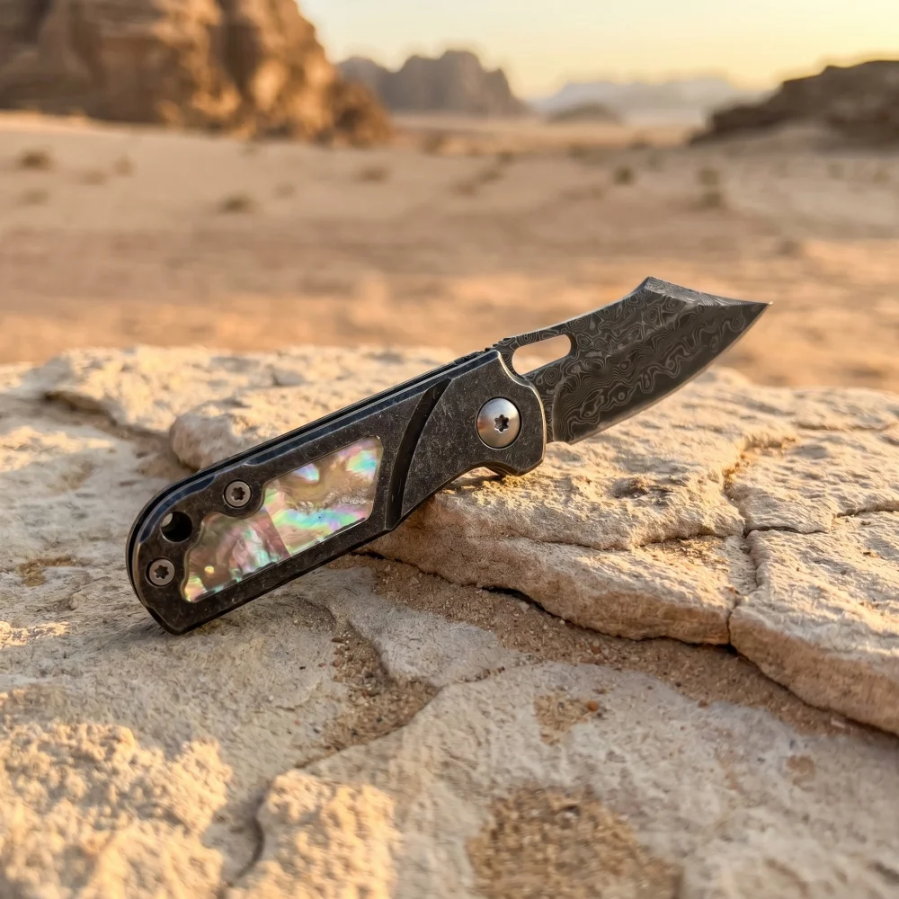 Mini Damascus Steel Folding Knife Abaloneshell Handle with Rope Multi-functional Use Peeling EDC Pocket Knife Ideal Gift for Men