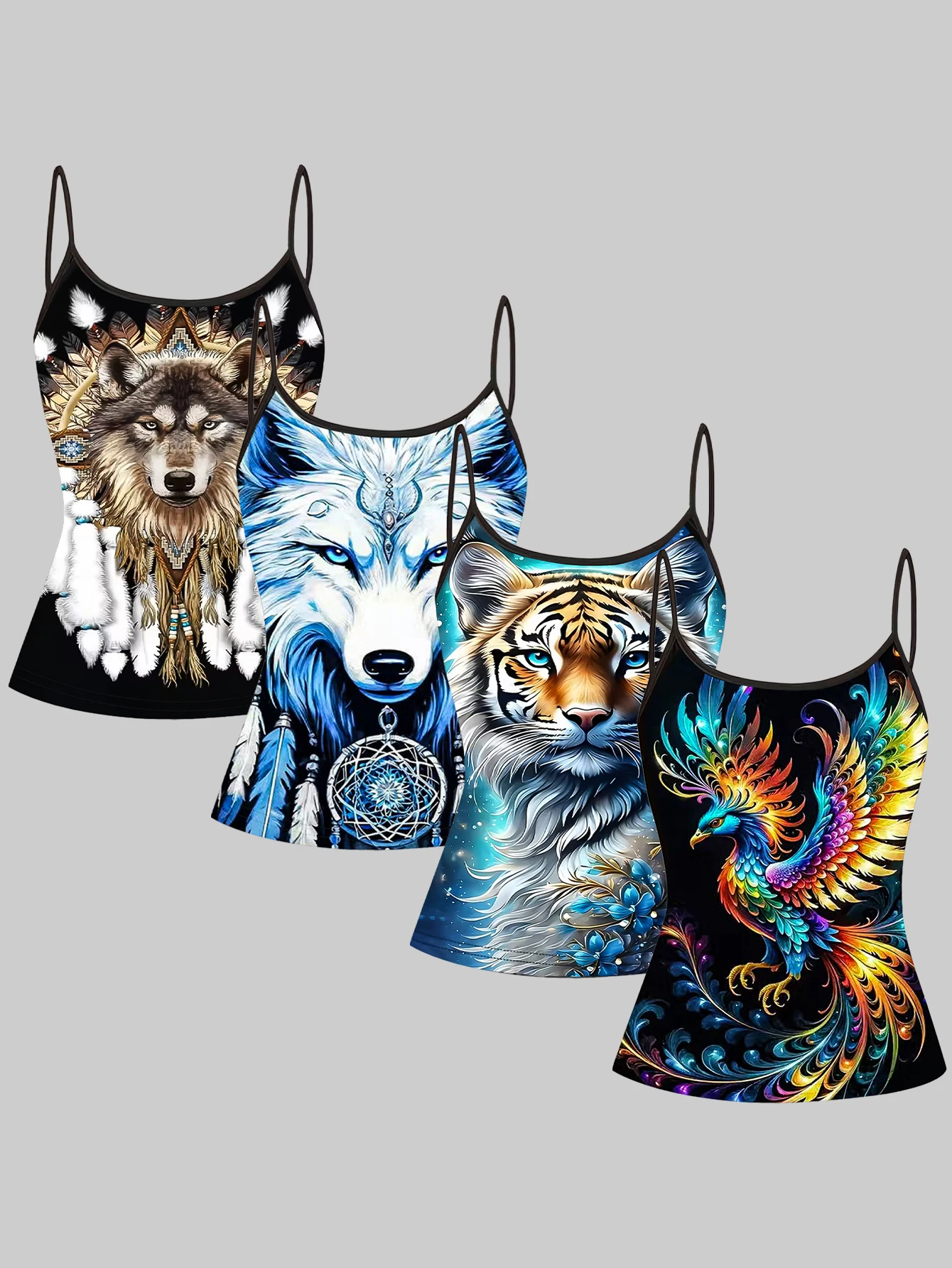 4-Piece Set of Animal Print Spaghetti Strap Tank Tops for Women, Ethnic Style Wolf, Tiger, Phoenix Sleeveless Undershirts