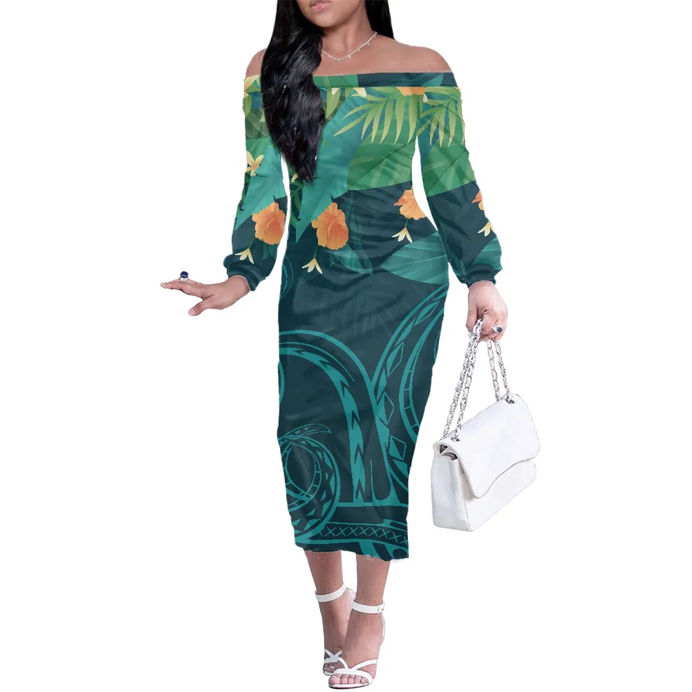 

Women's Party Dress Samoa Hawaiian Palm Leaf Frangipani Print Fashion Skirt Women Sexy Plus Size Off- Shoulder Long Sleeve Dres