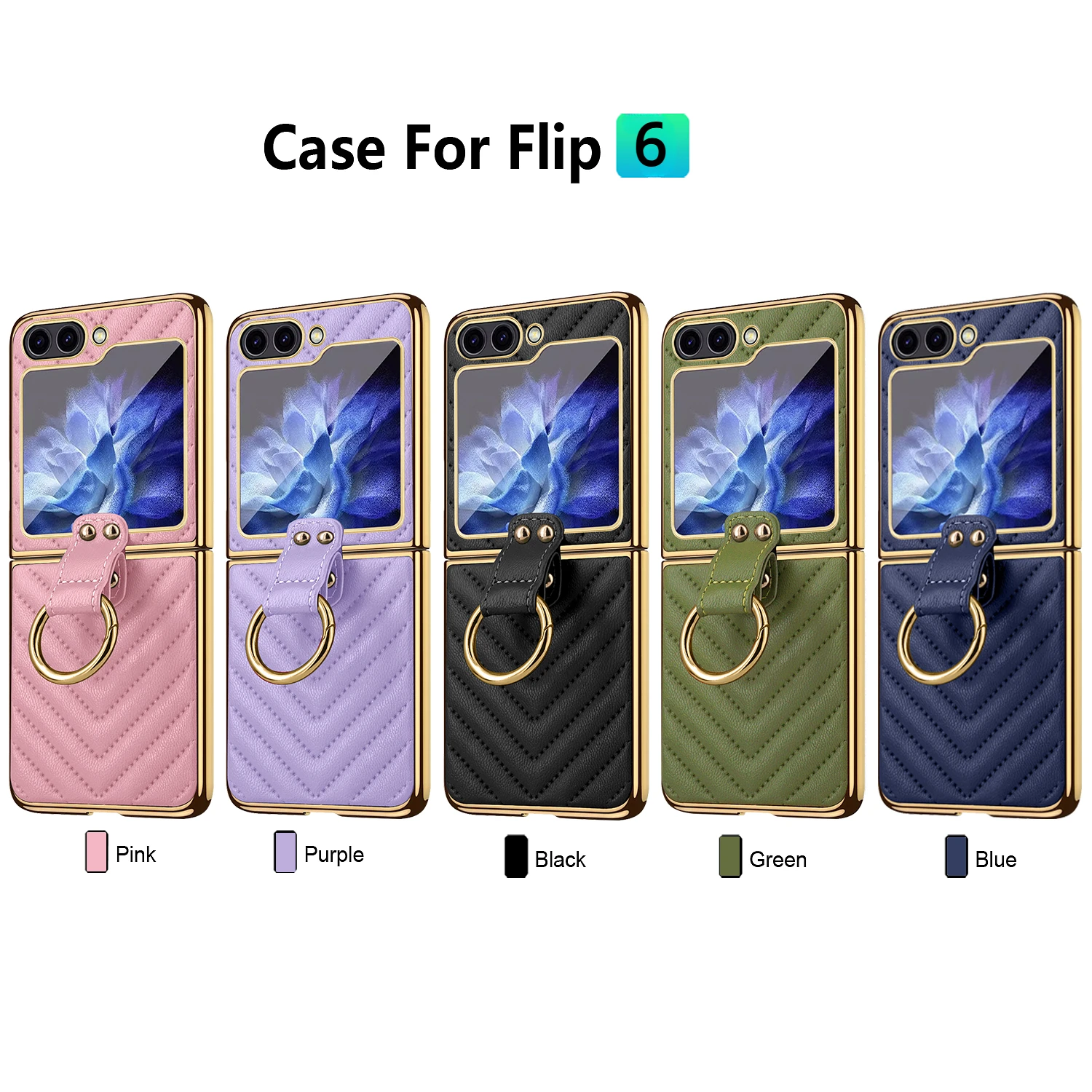 For Samsung Galaxy Z Flip 6 5 4 3 Case Elegant Plating Leather Ring Bracket With Mirror Film Folding Protection Shockproof Cover