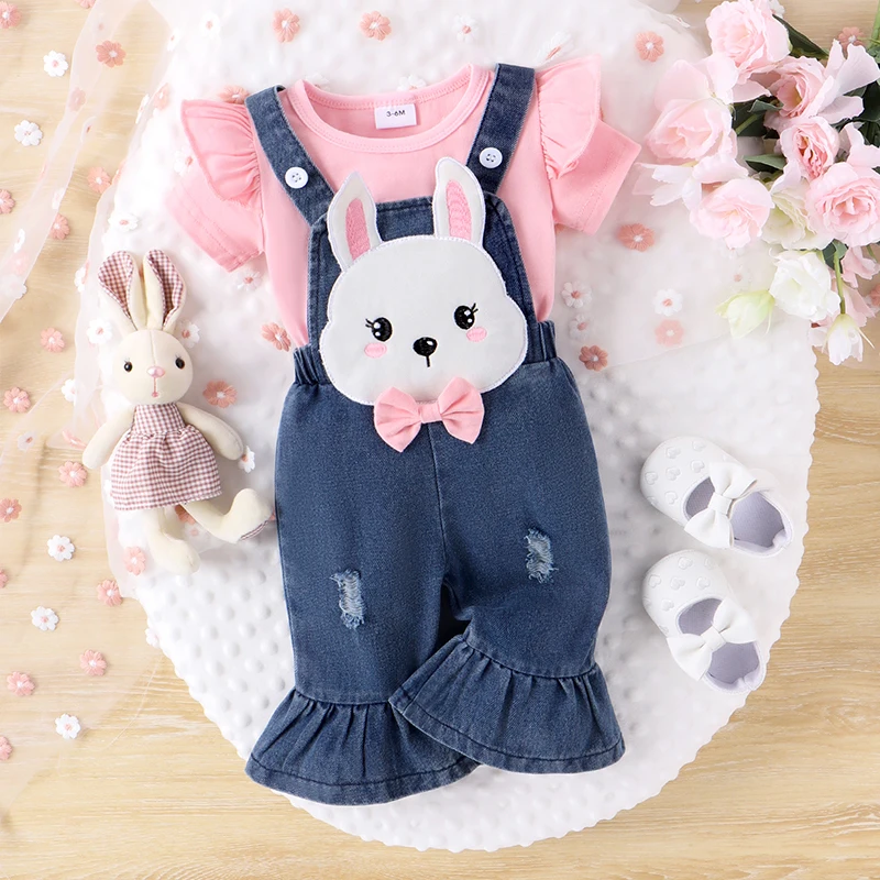 

BeQeuewll Baby Girl 2Pcs Spring Outfits Short Sleeve Ruffle Tops And Denim Overalls Set Infant Clothes For 3-24 Months