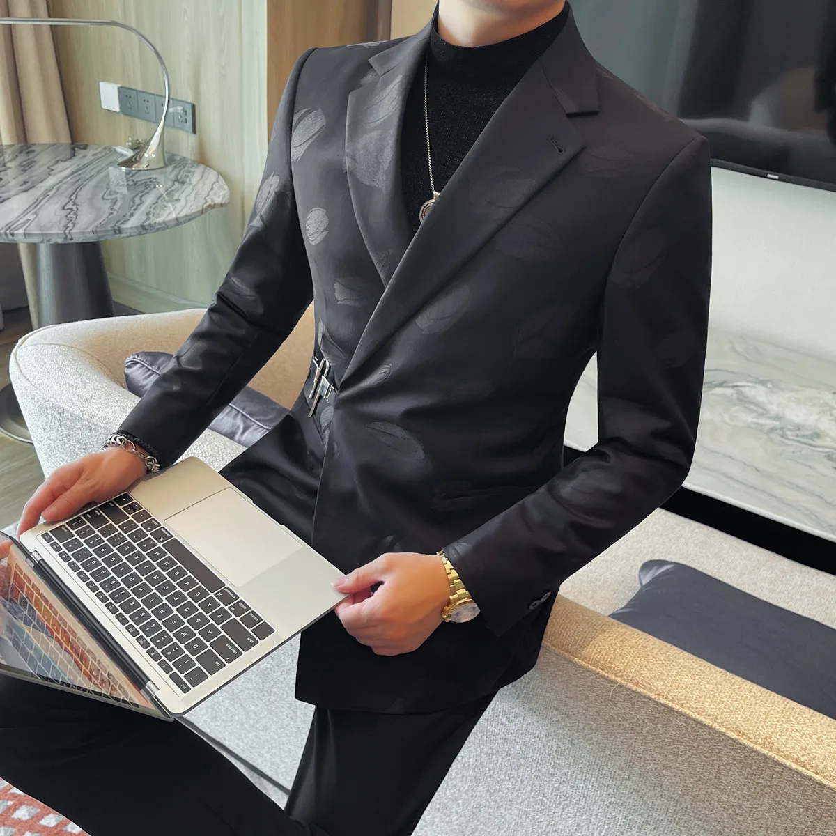 Luxury High-quality Men's Suit Jacket  Autumn Winter Metal Buckle Business Suit Wedding Groom Banquet Party Blazer Masculino