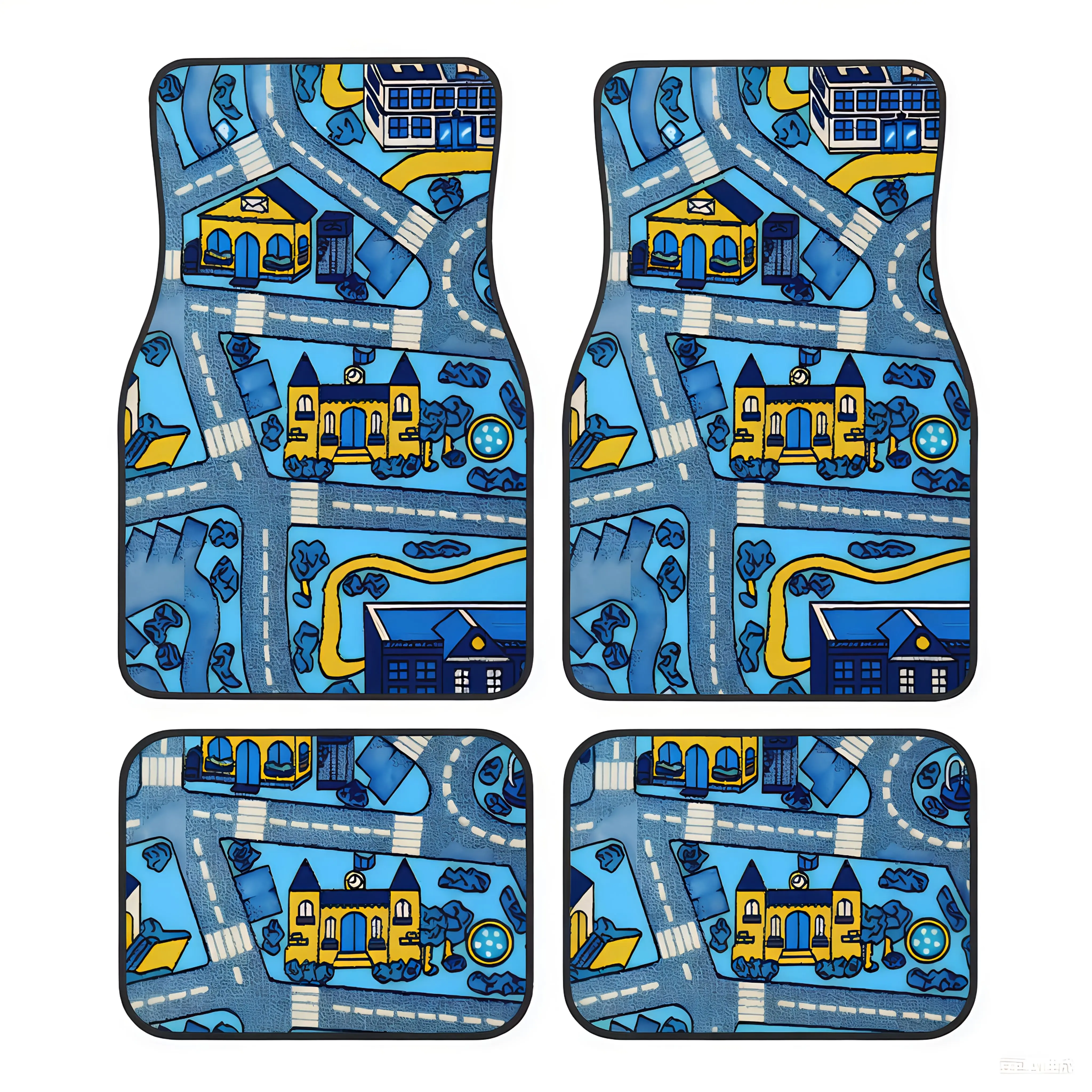 4Pcs 90s Racing Track Car Mats, Neon Cityscape Colorful Design, Non-Slip Durable, Universal All-Weather Mats for Car SUV Sedan