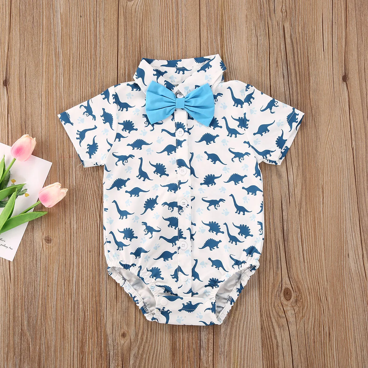 Newborn Baby Boys Jumpsuit, Casual Short Sleeve Cartoon Printed Romper+Solid Color Bow Tie