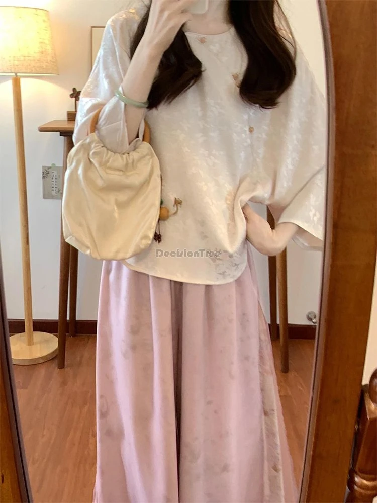 2024 new chinese style female autumn loose round collar long sleeve blouse elastic waist culottes two piece tang suit sets b260