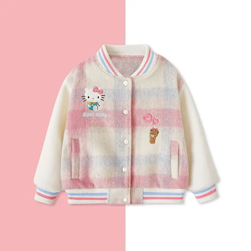 

Sanrio куртка с вышивкой для девочек, модная бейсбольная куртка Hello Kitty, осень/зима, детская куртка с длинными рукавами и рисунком среднего и большого размера