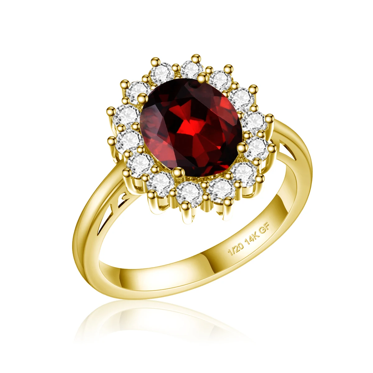 Szjinao Solid 14K Gold Filled Oval Garnet Cocktail Ring Sunburst Setting Red Gem Ring for Ladies Anniversary Party Wear Jewelry