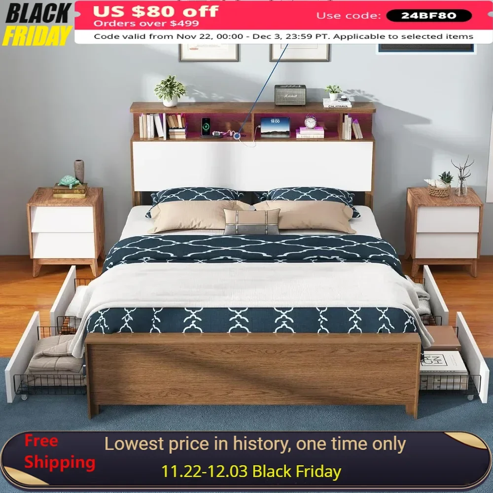 

Queen Bed Frame with 49" Tall Headboard Bed with 4 Storage Drawers LED & Charging Station No Box Spring Needed Metal Bed Frame