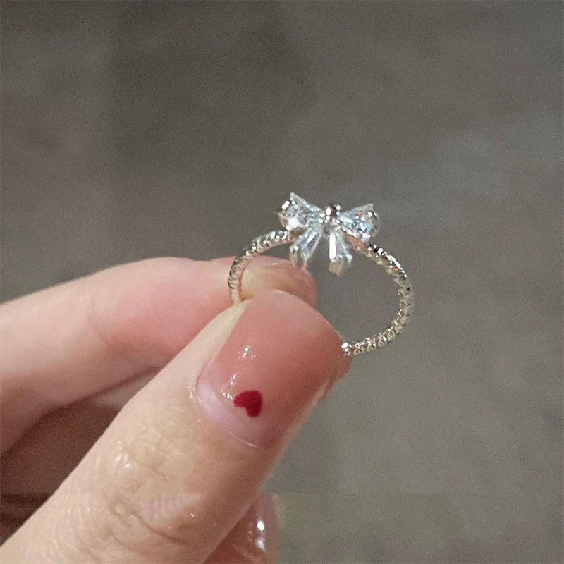 New Arrived Romantic Lovely White Bowknot Rings Female With Shiny Bow Ring For Women Adjustable Ring Sweet Girly Heart Ring