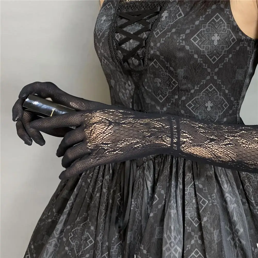 Women Sexy Party Stage Performance Cosplay JK Lolita Style Hollow Out Fishing Net Lace Floral High Elasticity Long Gloves