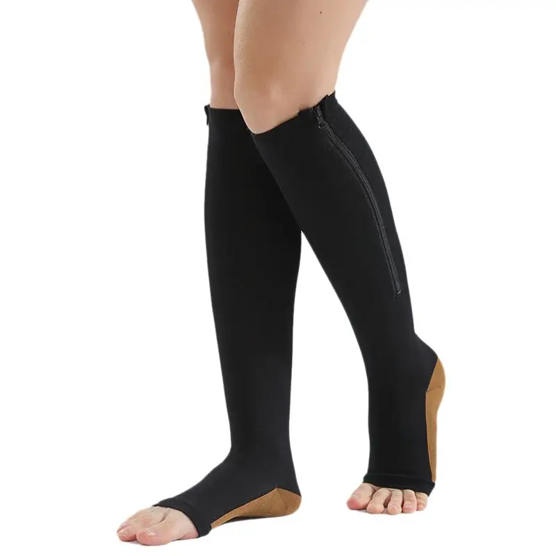 

XX-2Pair Compression Stockings Nylon Zipper Compression Sock Leg Knee Support Open Toe Preventing (Color/Black)XXL