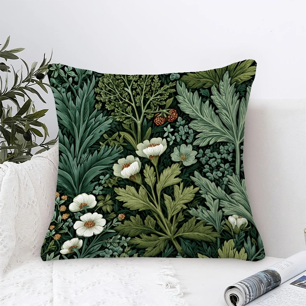 1pc Cottagecore Living Room Pillow Cover, Polyester 2D Double Sided Print Cushion Case, Dark Green Botanical Throw Pillowcase fo