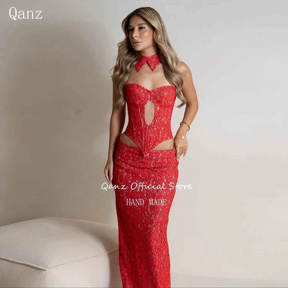 

Qanz Sexy Women Red Evening Dresses Lace Corset Dress For Wedding Guest Elegant Mermaid 2 Pieces Vestidos De Gala Customized