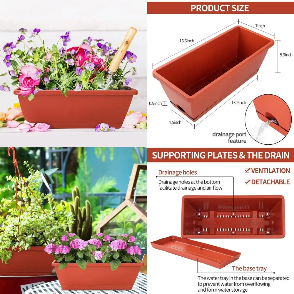 

12-Piece Plastic Window Planters, 17 Rectangle Pots with Drainage Saucers for Indoor/Outdoor Gardening, Patio, Home Decor - Bric