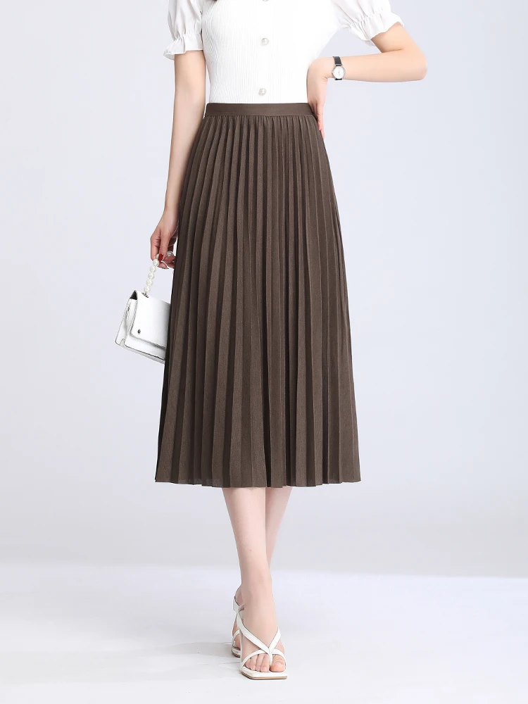 

High waist long women skirt a line elastic pleated calf length solid simply classic female bottom thin summer y2k skirt 2022