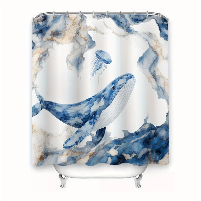 Whale and Jellyfish Ocean Theme Shower Curtain Set, Water-Resistant Fashion Bathroom Partition with 12 Eyelets, Unlined Polyeste