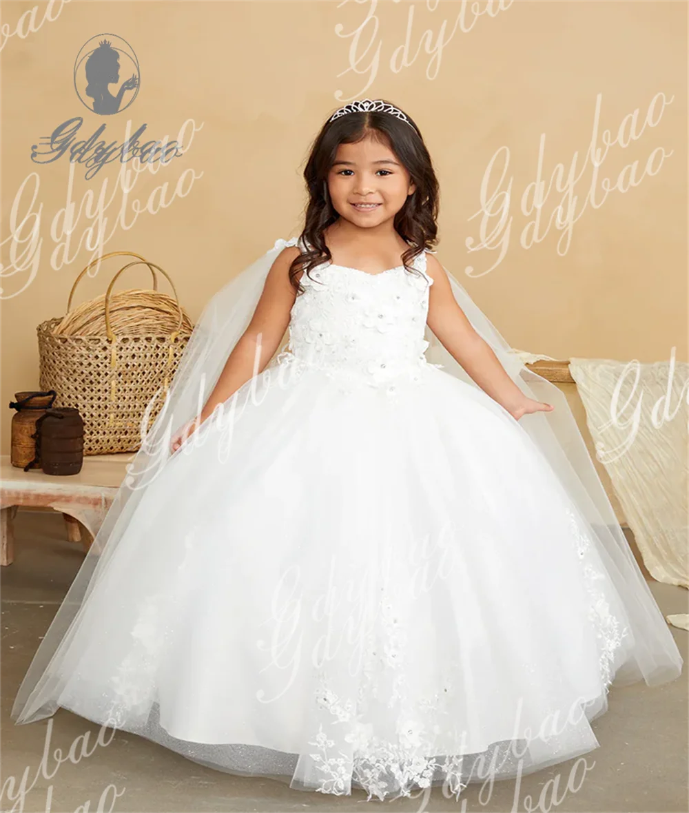 Light Champagne Tulle Prom Flower Girl Dress For Wedding  Applique Elegant Baby Kids Birthday Party Ball First Baptism Gowns