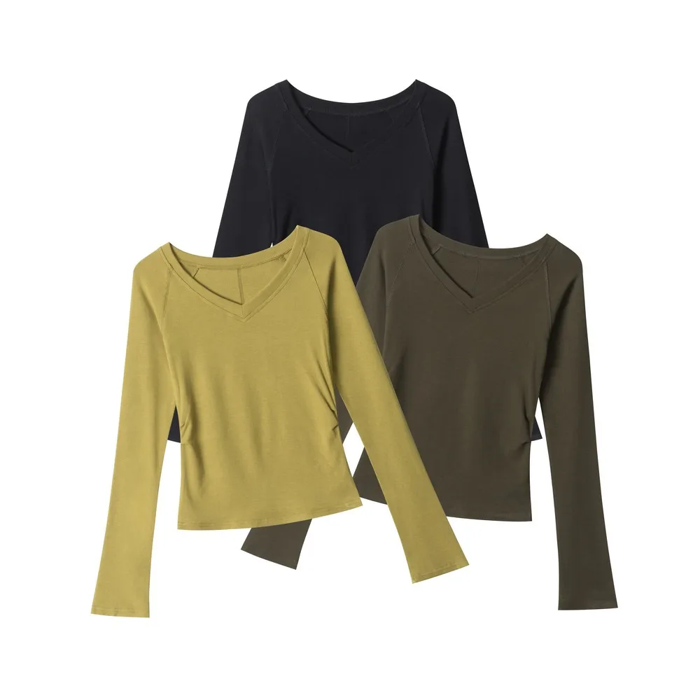 

Folds Solid V-Neck Slim Fit Basic Winter Fall Bodywear Office Ladies T-shirts Fitness Long Sleeve Elegant Tops for Women Girls