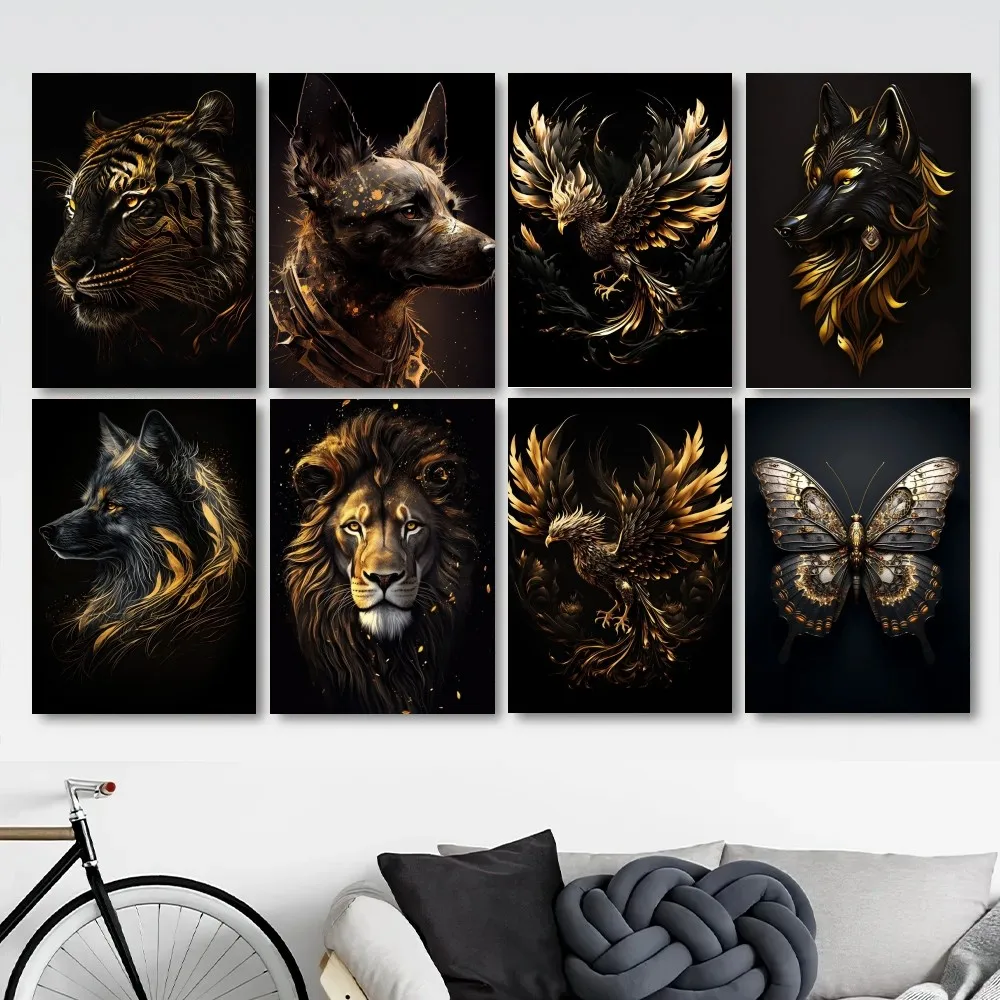 1PC Golden Lion Butterfly Wolf Tiger Poster Paper Home Living Room Entrance Bar Restaurant Art
