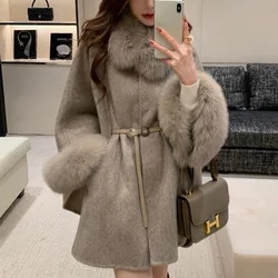 2024 New Autumn Winter Women's Fur Sleeve Detachable Real Fox Fur Collar Coat Wool Warm A-line Jacket Luxury Thick Female Coat