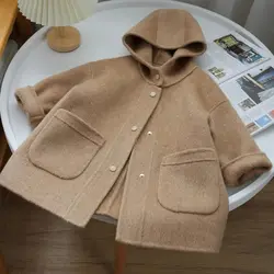 Children Clothing 23 Autumn Winter New Camel Colored Double-sided Hooded Woolen Coat Children Stylish Medium Length Woolen Coat