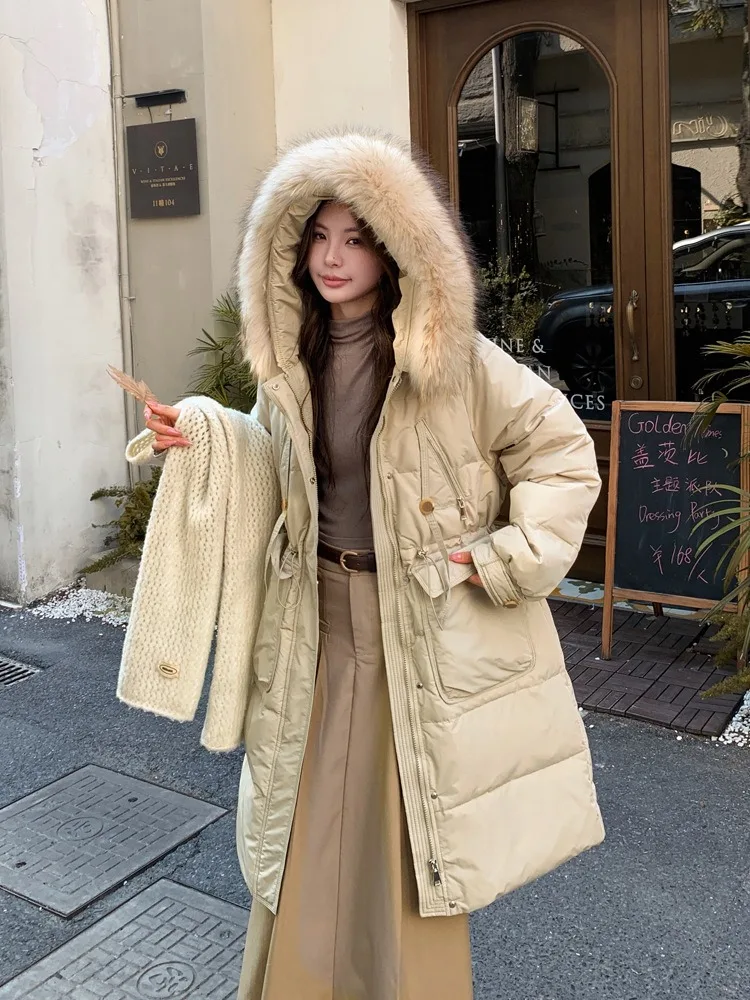 여성용 두꺼운 따뜻한 푹신한 패딩 재킷 신상 겨울 오버사이즈 탑 의류 한국 스타일 긴 후드 화이트 덕다운 코트 여성용
