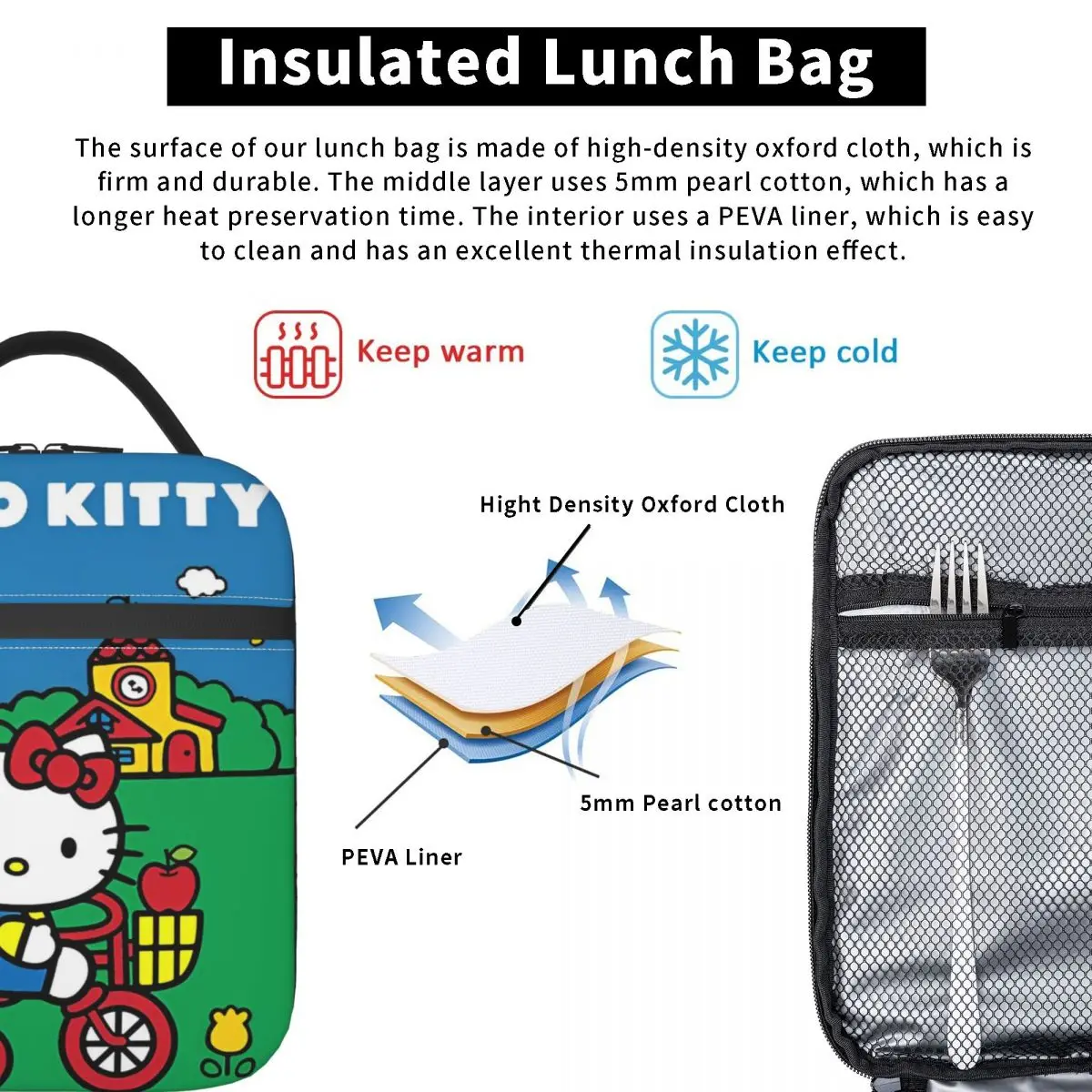 Hello Kitty Accessories Insulated Lunch Tote Bag For Travel Food Storage Bag Reusable Cooler Thermal Lunch Box