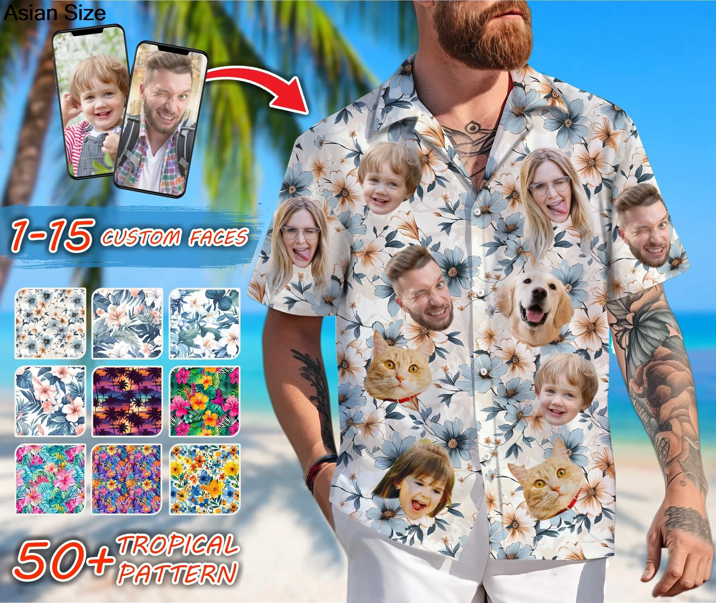 Hawaiian Shirt With Custom Face For Men Women Personalized Hawaii Gift For Girlfriend Boyfriend Tropical Beach Button Down Shirt