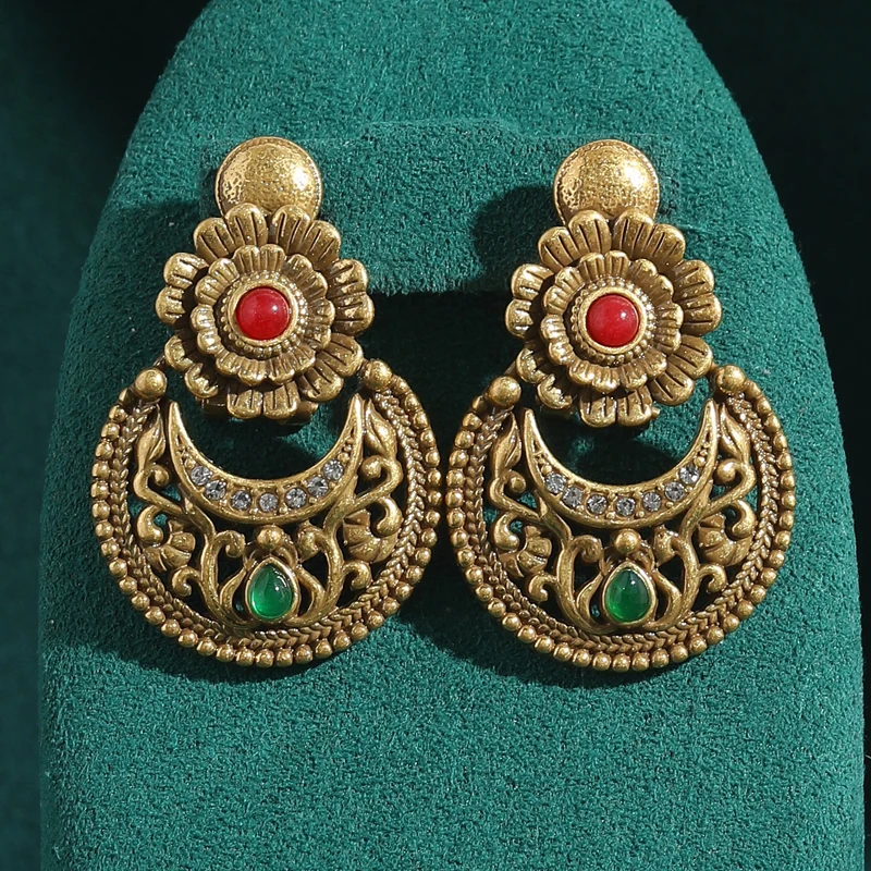 

Vintage Flower Moon Drop Earrings Antique Gold Color Boho Red Nature Stone For Woman Designer Luxury Jewelry Accessories 2025