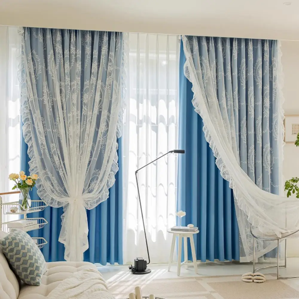 1PC French-style round mirror voile wave double-layer lace design blackout voile integrated curtain, stylish sun-shading curtain