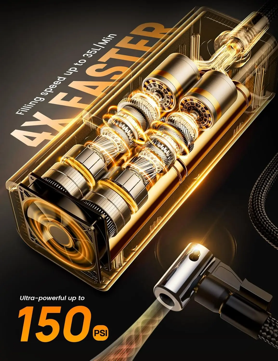 ضاغط هواء محمول لاسلكي 150 رطل لكل بوصة مربعة، مقياس رقمي وإضاءة LED، منفاخ سريع للسيارة والدراجات النارية والدراجة والكرة #3