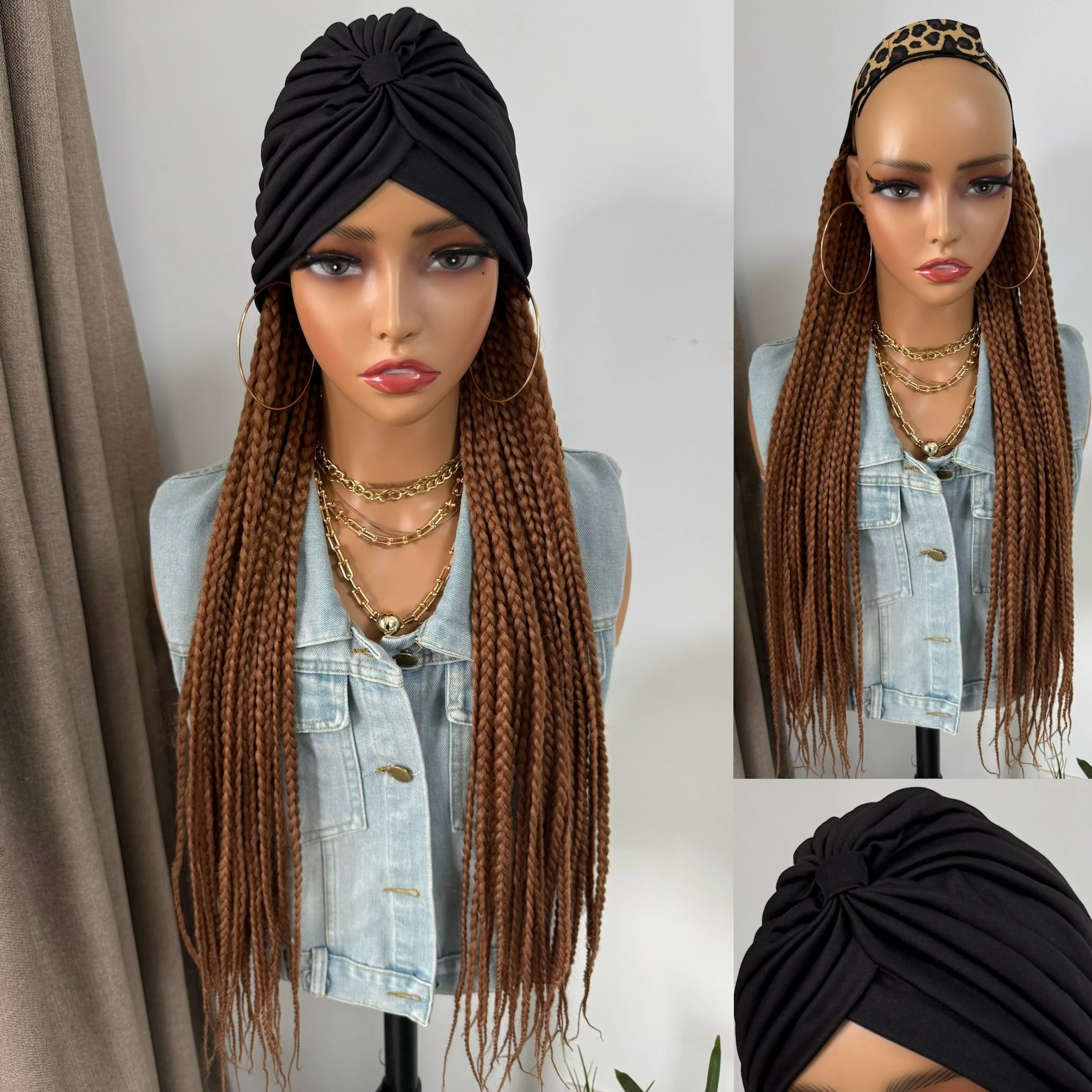 WIGERA Long Brown Braided Synthetic Wigs With Elastic Band Headband And Turban Hat Box Braiding Hair Extensions For Women