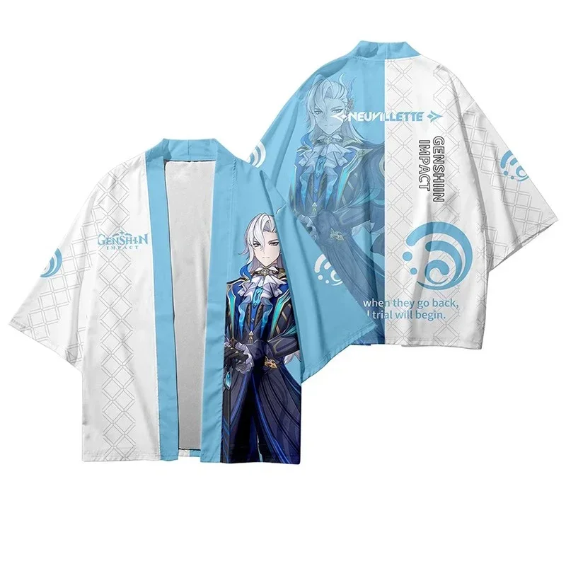 게임 Genshin Impact Neuvillette 코스프레 기모노 Neuvillette 의상 3D 프린트 하오리 망토 패션 파티 탑 streetwear 셔츠