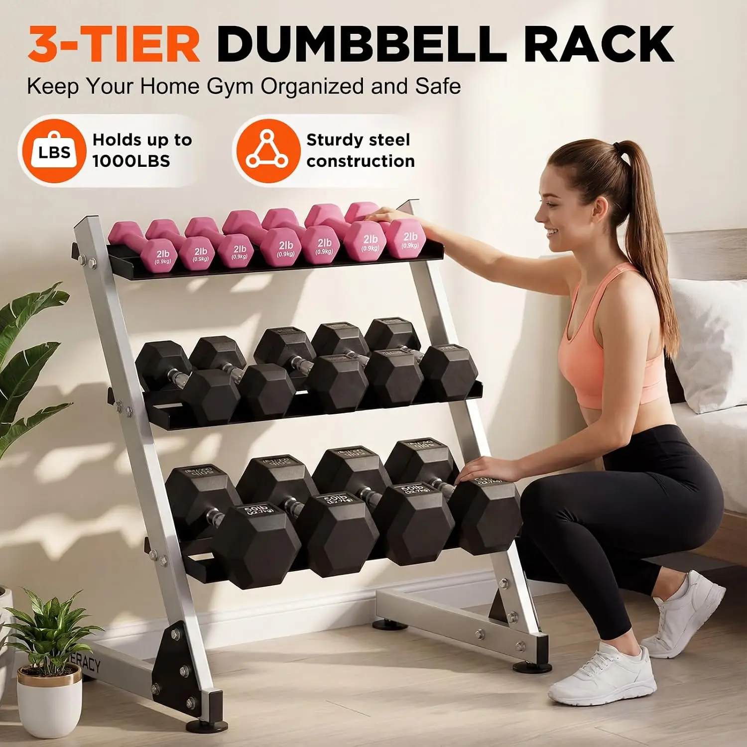 Dumbbell Rack, 3-Tier Weight for Home Gym, Set Organizer Kettlebell Barbell, Heavy Duty Storage, Stand Only