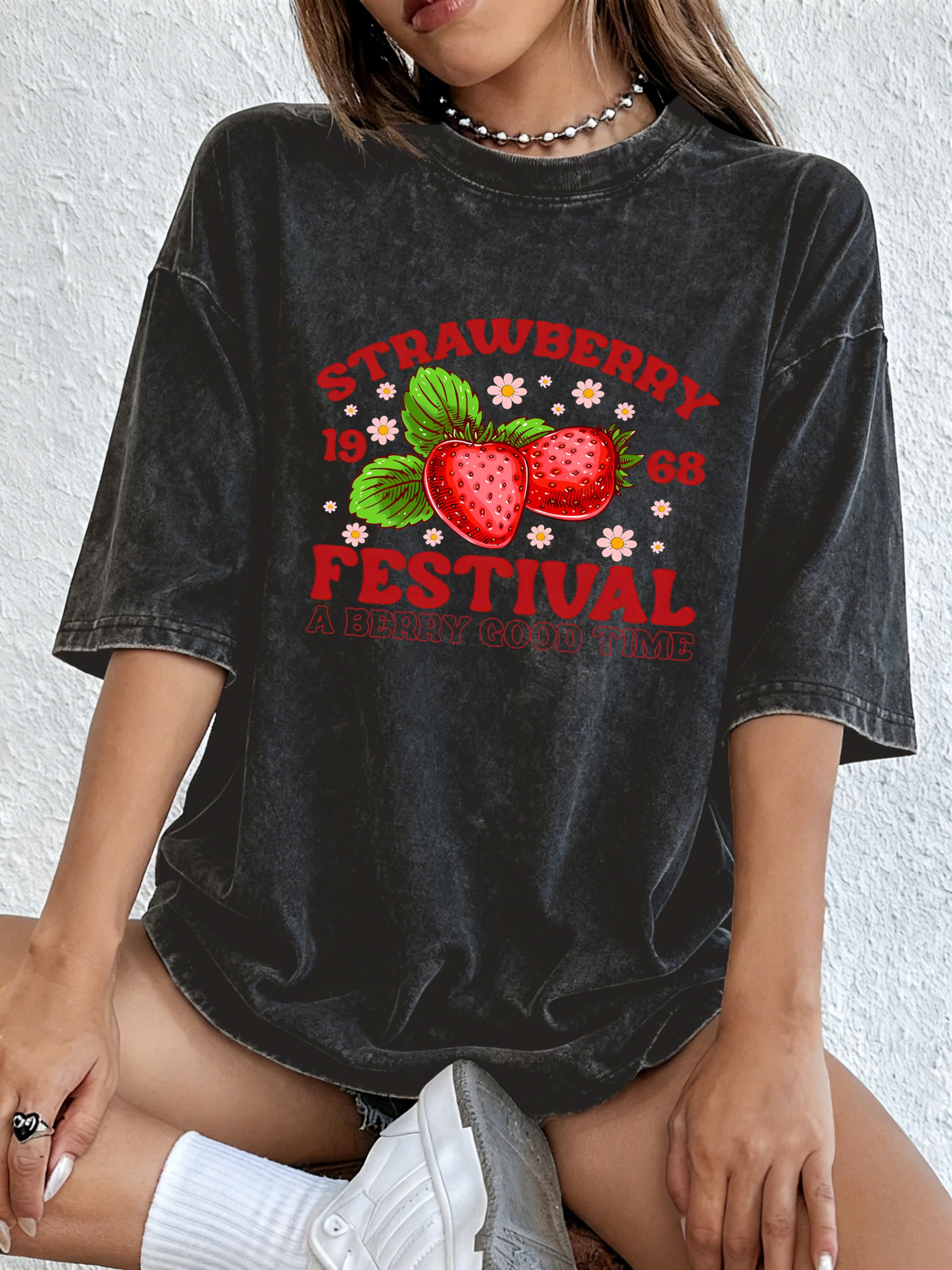Festival de morango berry bom tempo imprime lavado camiseta feminina casual solto t camisa crewneck verão manga curta roupas algodão