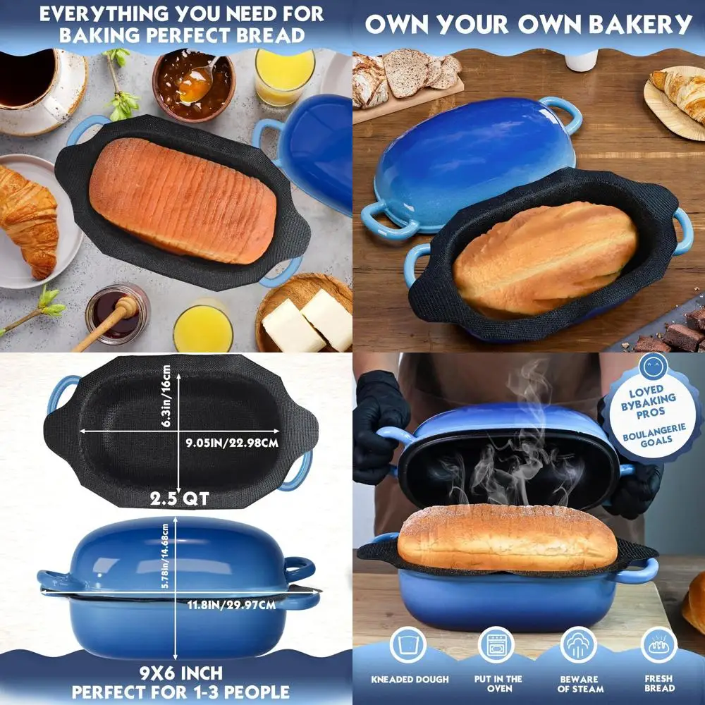 

Silicone Liner Dutch Oven Bread Pans, 2.5 QT, Non-Stick, Cast Iron, with Lid and Loop Handles for Homemade Bread Baking