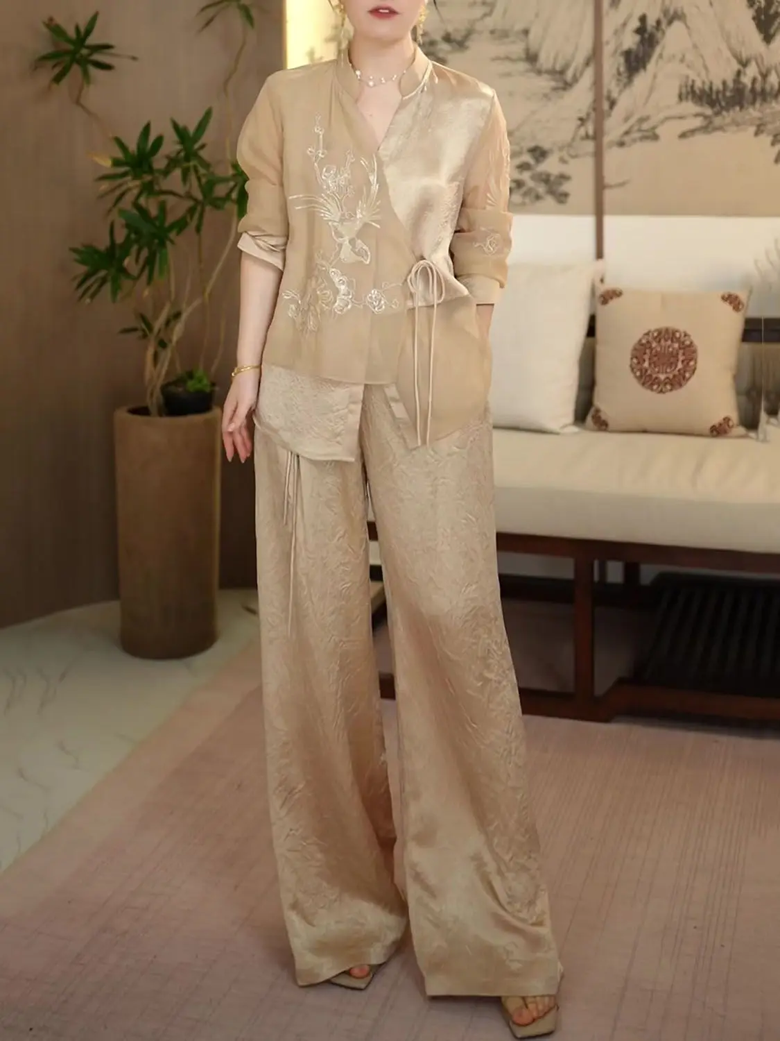 

Spring and Summer New Fashion Set Cardigan Top+casual Wide Leg Pants Two-piece Set