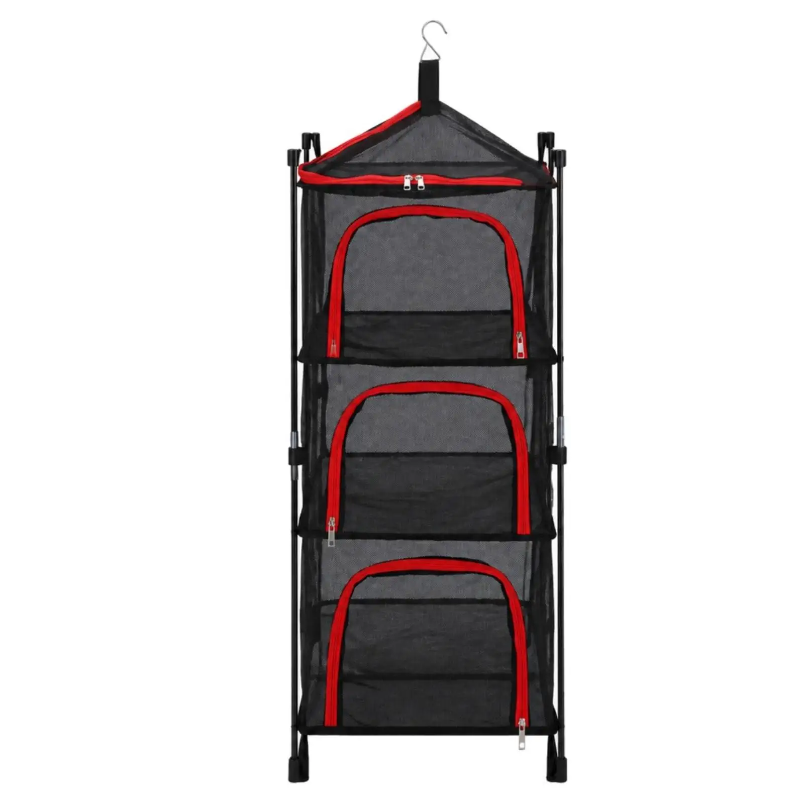 Outdoor Freestanding Mesh Organizer Rack for Dehydrating Camping Supplies Foldable Nylon Net Storage with Zippered Access Door