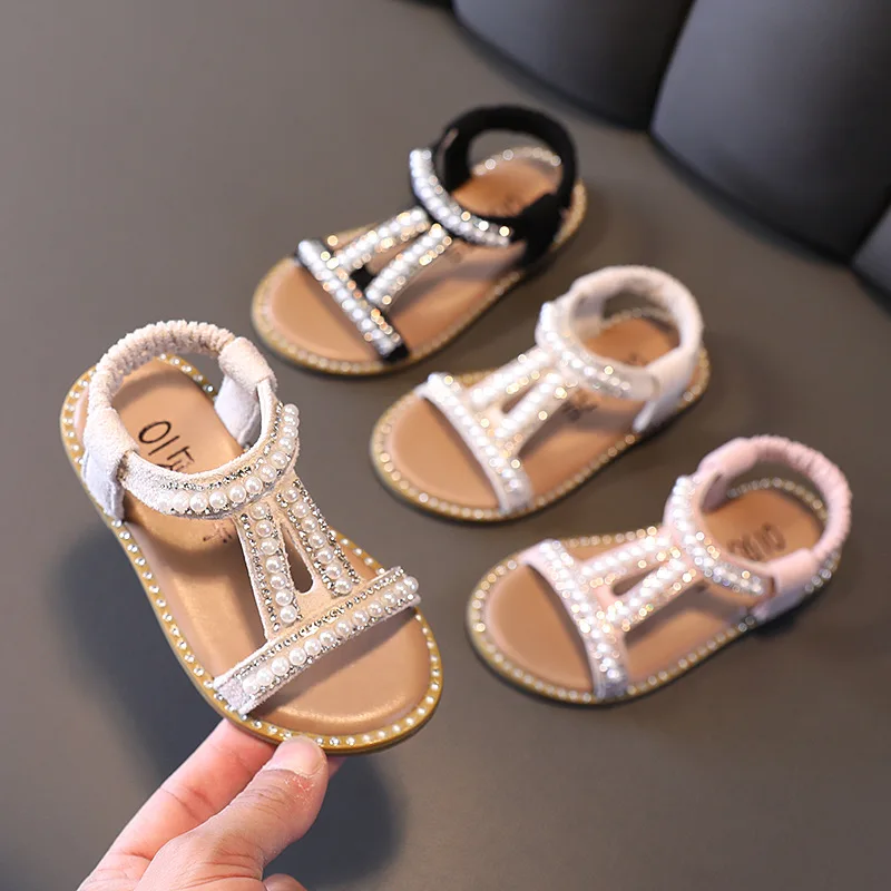 Summer Girls Sandals Fashion Pearl Roman Sandals Rhinestone Kids Princess Shoes Soft Bottom