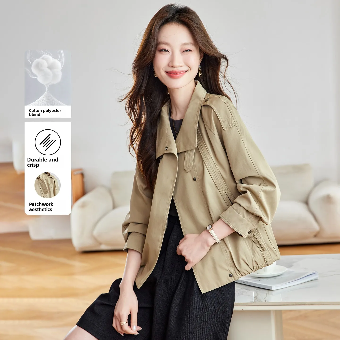 

Повседневная женская ветровка Jaet для поездок на работу, корейская версия, большой размер, воротник-стойка, хлопок, новинка весны и осени...