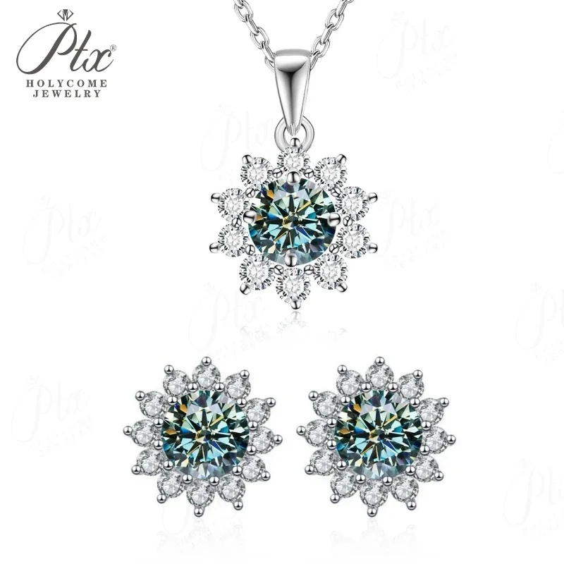 � ​ Sonnenblumen-Ohrstecker, Anhänger-Halskette, Moissanit-Schmuckset, stapelbar, S925 Sterling Silber, mehrfarbig, hypoallergene Charms – Detail 14