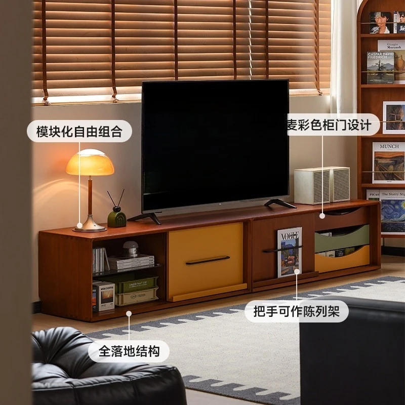 Medieval color contrasting solid wood TV cabinet retro living room floor storage locker